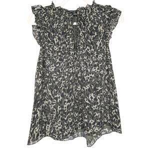 Generation Love Silk Camo Leopard Boho Ruffle Sleeve Tie Neck Chiffon Blouse Med